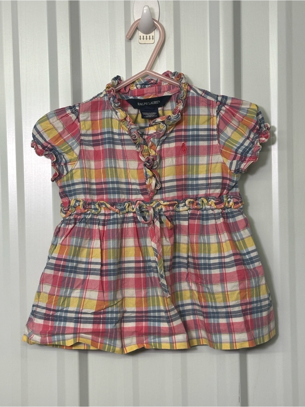 Ralph Lauren Baby Girl Blue Pink Plaid Ruffle Trim Dress Preppy Cottagecore